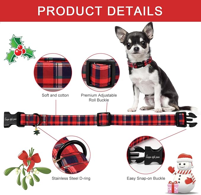 Unique Style Paws Christmas Dog Collar Plastic Buckle with Pendant Blue Purple Red Grid Cotton Puppy Collars for Small Medium Large Dogs