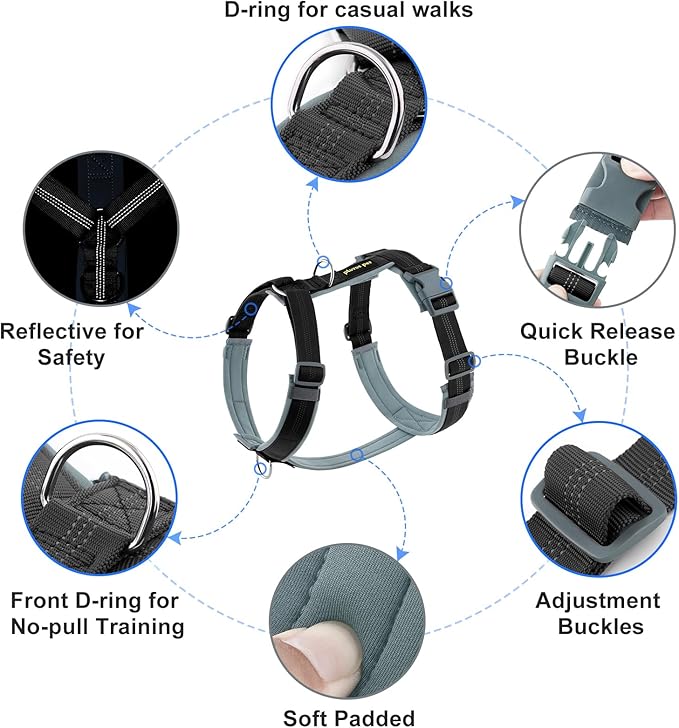 Plutus Pet No Pull Dog Harness, Adjustable Nylon Harness with Soft Padding, Reflective and Heavy Duty Dog Harness for Small, Medium, Large Dogs(Black, M)
