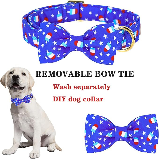 4th of July Dog Collar with Bow Tie, Summer Popsicle Flag Day Dog Bowtie Collars, Blue Adjustable Patriotic Pet Collar for Small Medium Large Dogs XL