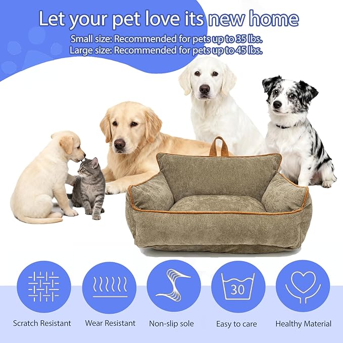 RAFASAFA Small Dog Bed, Washable Pet Bed with Removable Cover, with Sides, Carry Handle & Side Pockets .Plush Chenille Orthopedic Pet Bed Couch for Small Breed Dogs & Cats .Calming