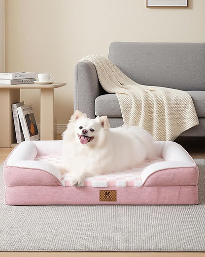 KSIIA Waterproof Dog Bed Orthopedic for XXL Senior Dog Couch with Sides, Extra Thick Supportive Pet Bed Sofa with Soft Plush Cover and Non-Slip Bottom, 53 x 40 Inch, Pink