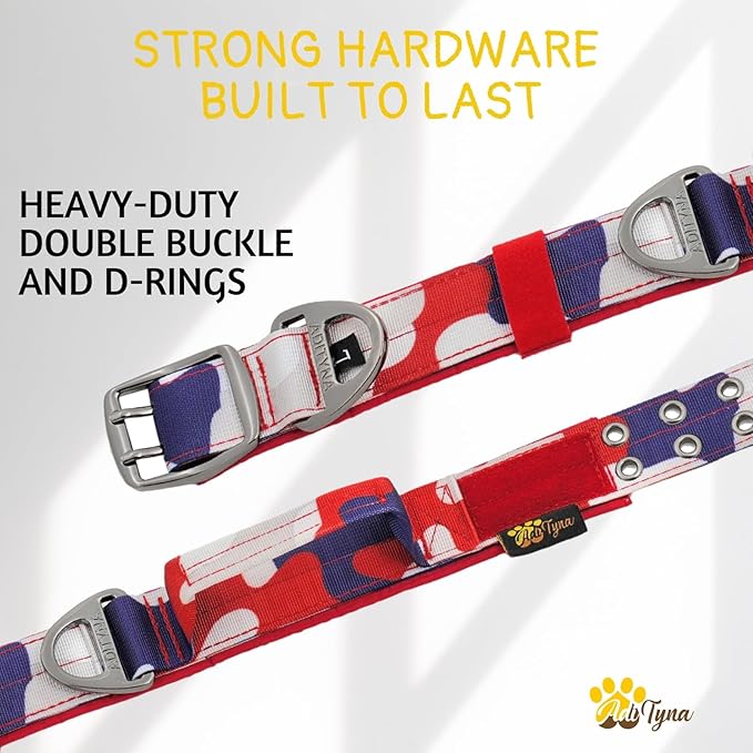 ADITYNA Heavy Duty Dog Collar for Large Dogs - Camo Red Blue Collar with Handle for Training, and Walking - Wide, Thick, Tactical, Soft Neoprene Padded