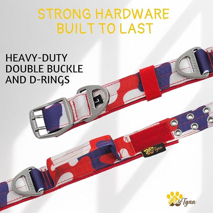 ADITYNA Heavy Duty Dog Collar for Large Dogs - Camo Red Blue Collar with Handle for Training, and Walking - Wide, Thick, Tactical, Soft Neoprene Padded
