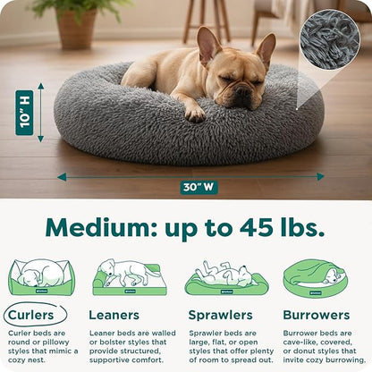 Furhaven 30" Round Calming Donut Dog Bed for Medium/Small Dogs, Refillable w/ Removable Washable Cover, For Dogs Up to 45 lbs - Shaggy Plush Long Faux Fur Donut Bed - Gray, Medium