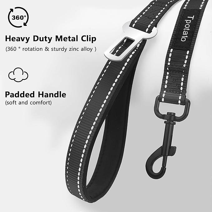6 Foot Black Dog Leashes for Large Medium and Small Breed Dogs That Pull,Reflective Nylon Heavy Duty Dog Leash with 2 Comfortable Padded Traffic Handles and Car Seat Belt for Walking and Training