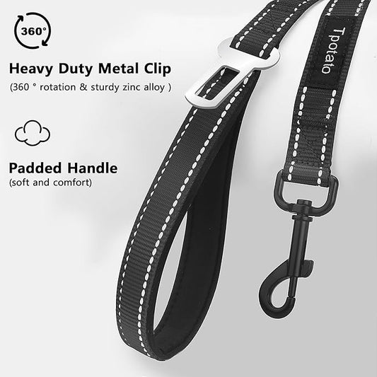6 Foot Black Dog Leashes for Large Medium and Small Breed Dogs That Pull,Reflective Nylon Heavy Duty Dog Leash with 2 Comfortable Padded Traffic Handles and Car Seat Belt for Walking and Training