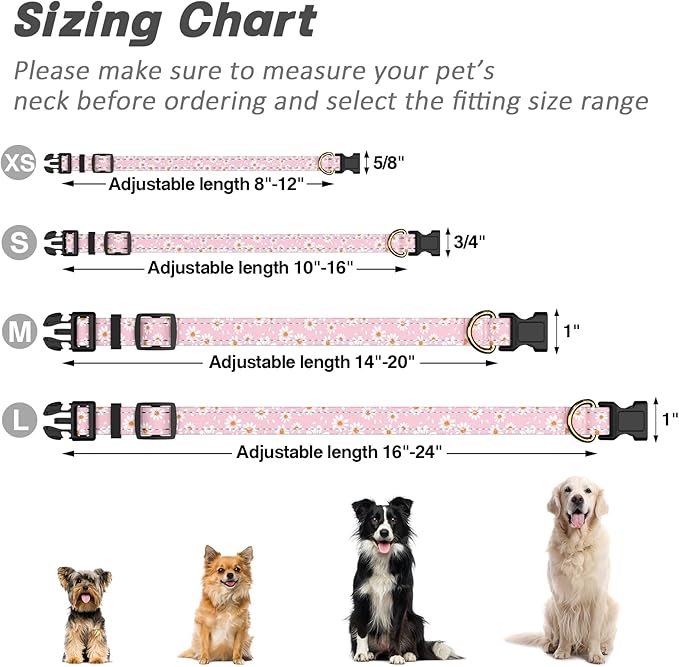 Reflective Dog Collar for Large Dogs, Cute Daisy Theme Adjustable Heavy-Duty Nylon Puppy Collar for Boy and Girl Female, Soft Pet Accessories with Quick Release Buckle, Neck 16-24", Pink