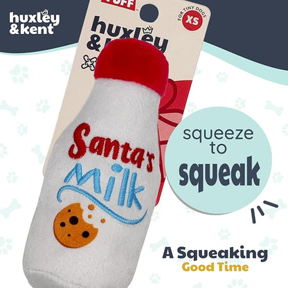 Huxley & Kent Funny Dog Toy w/Squeaker – Holiday Power Plush Squeaky Dog Toys for Small Dogs – Durable Small Stuffed Animal for Indoor Play & Fetch - Tiny Tuff Santa's Milk