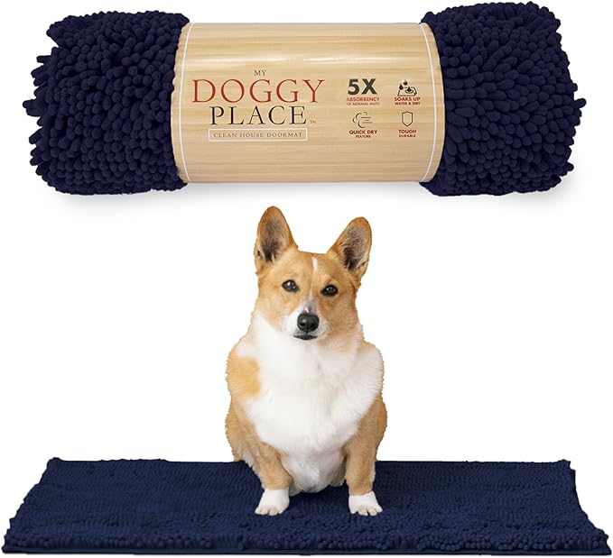 My Doggy Place Dog Mud Mat, 31" x 20" Navy Blue – Thick Microfiber Entry Rug for Snow, Mud & Salt – Absorbent, Quick-Dry, Washer-Safe & Non-Slip, Medium