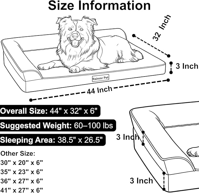 Rainmr Orthopedic Dog Beds for Large Dogs, Memory Foam Dog Beds Large Sized Dogs, Washable Removable Cover, Nonskid Bottom, Waterproof, for Indoor, Outdoor, Crate ＆ Car Use, 44x32x6 Inches, Brown Grey