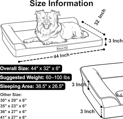 Rainmr Orthopedic Dog Beds for Large Dogs, Memory Foam Dog Beds Large Sized Dogs, Washable Removable Cover, Nonskid Bottom, Waterproof, for Indoor, Outdoor, Crate ＆ Car Use, 44x32x6 Inches, Brown Grey