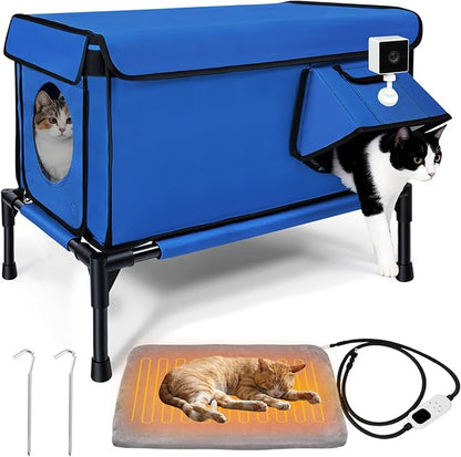 Elevated Heated Outdoor Cat House - 100% Weatherproof Insulated Outdoor Cat Shelter with Safe Escape Door & Removable Heating Pad, Warm Heated Cat House for Outside Stray/Feral/Barn Cat