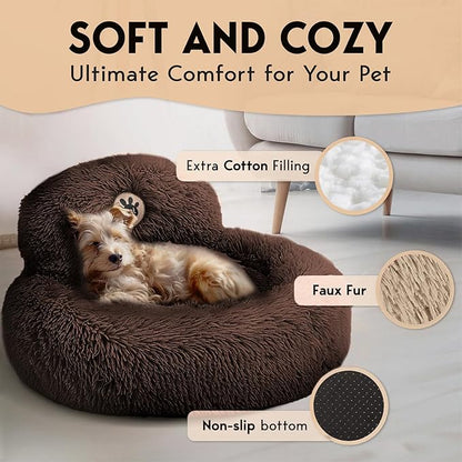 PetJett Calming Dog Bed for Small Dogs – 23" Donut Dog Beds, Anti-Slip & Washable Fluffy Plush Faux Fur Pet Bed, Anti-Anxiety Premium Comfort Round Puppy Bed, Fits Dogs up to 25 lbs – Brown