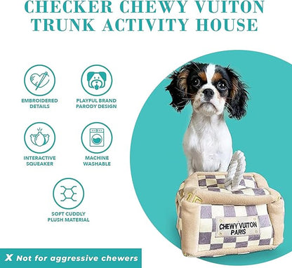 Haute Diggity Dog Checker Chewy Vuiton Trunk Activity House, Plush Designer Dog Toys with Interactive Squeaker, Stimulating Pet Enrichment, Machine-Washable & Safe Materials for All Breeds, One Size