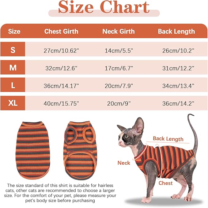 BRKURLEG Sphynx Hairless Cats Shirt Puppy Clothes Soft Cotton T-Shirts Cute Cats Pajamas Cat Stripes Vest Pet Sweater, Round Collar Vest Kitten Shirts(Red Stripes, S)