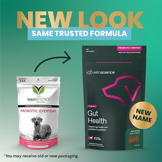 VetriScience Gut Health Chews, Probiotic Everyday Digestive Supplement for Dogs, Pet Probiotics for Digestion Support, Gas and Diarrhea, Immune Support, 1 Billion CFU Per Chew, Duck, 45 Count