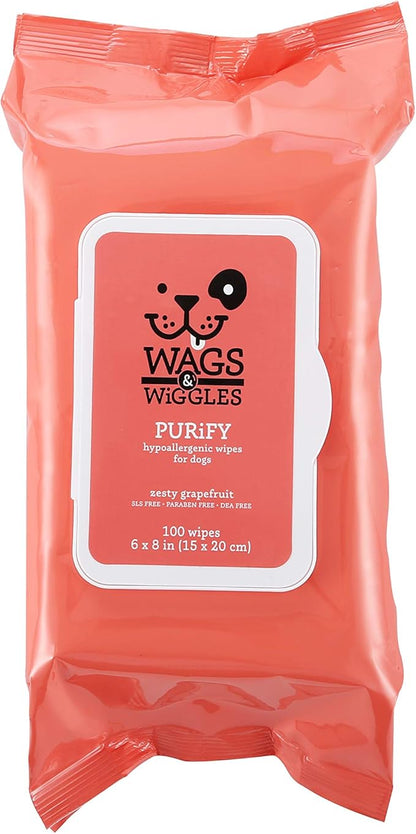 Wags & Wiggles Purify Hypoallergenic Wipes for Dogs, Zesty Grapefruit Scent - Scented Dog Wipes Gently Clean & Condition Your Dog's Coat Without A Bath, 100 Count - 12 Pack