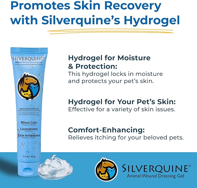Silverquine Dog Wound Care Gel - Hot Spot Gel Solution for Dogs and Cats - Safe If Licked, Odorless Silver Hydrogel Ointment for Pets Cuts, Burns, Scratches, Sores and Skin Concerns - 1.5 Oz