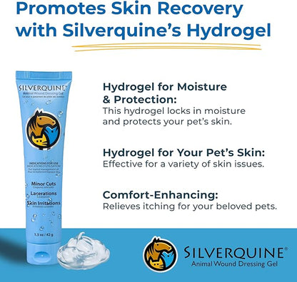Silverquine Dog Wound Care Gel - Hot Spot Gel Solution for Dogs and Cats - Safe If Licked, Odorless Silver Hydrogel Ointment for Pets Cuts, Burns, Scratches, Sores and Skin Concerns - 1.5 Oz