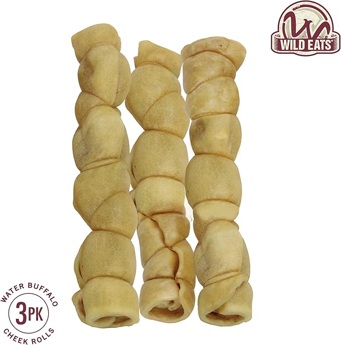 Wild Eats 9" Cheek Roll Long Lasting Dog Chews 3 Pack Water Buffalo Treats, Bones for for Large Dogs Substitute for Pig Ears for Dogs