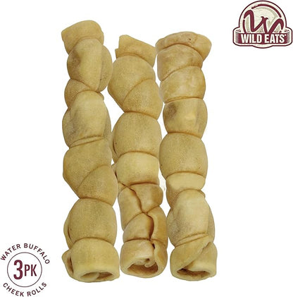 Wild Eats 9" Cheek Roll Long Lasting Dog Chews 3 Pack Water Buffalo Treats, Bones for for Large Dogs Substitute for Pig Ears for Dogs