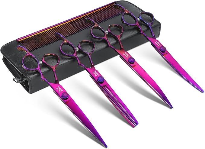 JASON Dog Grooming Scissors Set - Professional 6 in 1 Dog Shears Kit - 6.5" Thinning, 7" Straight, 7" Up-Curved, 7" Down-curved Scissors and Comb for Dog Cat Pet with Adjustable Screw (Purple) Gift