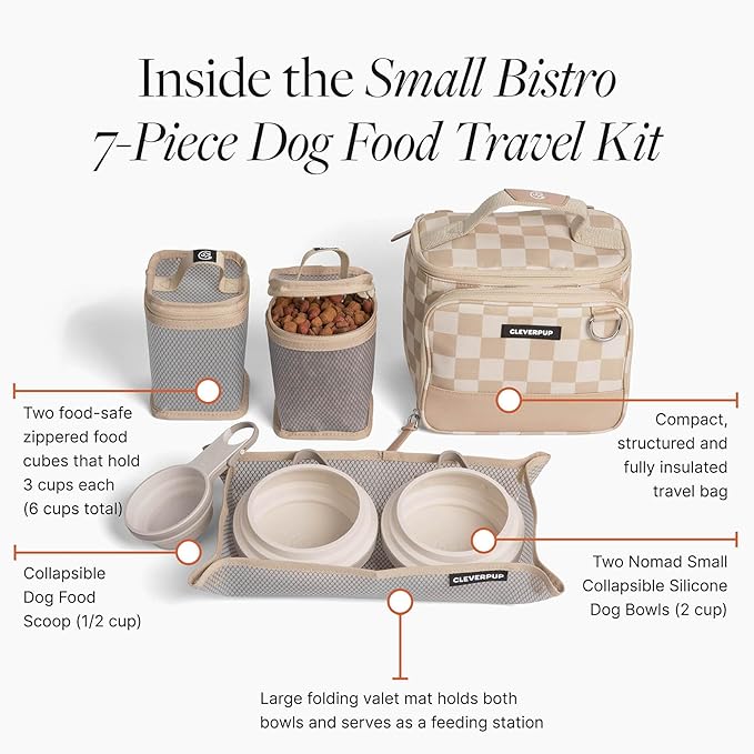 Cleverpup, Small 7-Piece Bistro Box Dog Food Travel Kit, 6-Cup Kibble Storage, 2 Silicone Bowls, Mat & Scoop - Premium Portable Pet Food Kit for Weekends, Overnights, Daycare & Camping, Checkerboard