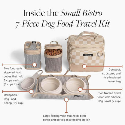 Cleverpup, Small 7-Piece Bistro Box Dog Food Travel Kit, 6-Cup Kibble Storage, 2 Silicone Bowls, Mat & Scoop - Premium Portable Pet Food Kit for Weekends, Overnights, Daycare & Camping, Checkerboard