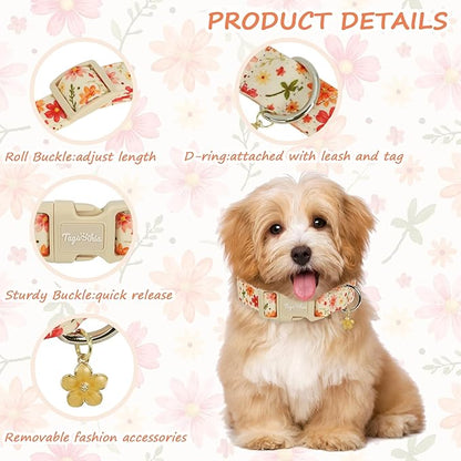 Dog Collar with Pink Floral Patterns, Spring Summer Collection Dog Collar with Exquisite Pendant, Durable Adjustable Collars for Gifts & Daily Use-XS