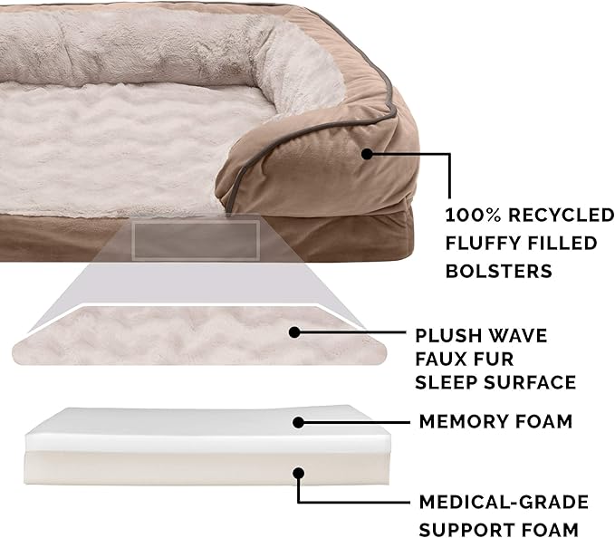 Furhaven Memory Foam Dog Bed for Medium/Small Dogs w/ Removable Bolsters & Washable Cover, For Dogs Up to 35 lbs - Plush & Velvet Waves Perfect Comfort Sofa - Brownstone, Medium