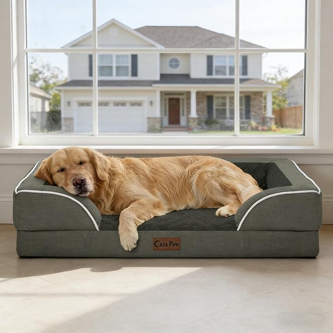 Casa Paw Orthopedic Dog Beds for Extra Large Sized Dogs, Waterproof Memory Foam XL Pet Bed with Sides 48x30Inch, Non-Slip and Egg-Crate Foam Big Dog Couch Bed with Removable Washable Cover, Dark Green