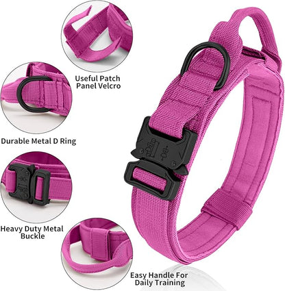 Tactical Dog Collar - Adjustable Heavy Duty Metal Buckle Nylon Collar with Control Handle for Small, Medium, Large Dogs (Pink, L)