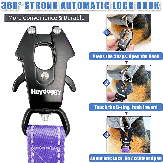 Strong Heavy Duty Dog Leash - 6ft Reflective Nylon Training Leash with Soft Padded Double Handle & Auto Lock Frog Clip, Safety Traffic Control for Large Medium Small Dogs No Pull Walk Light Purple,6ft