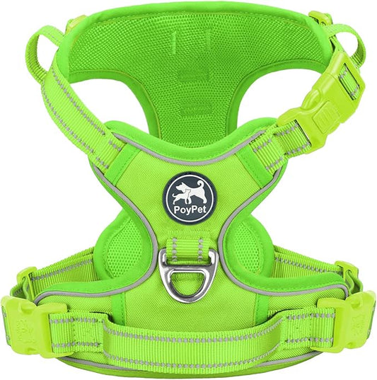 PoyPet No Pull Dog Harness, No Choke Reflective Dog Vest, Adjustable Pet Harnesses with 2 Leash Attachments with Easy Control Padded Handle for Small Medium Large Dogs(Green Matching Trim,S)