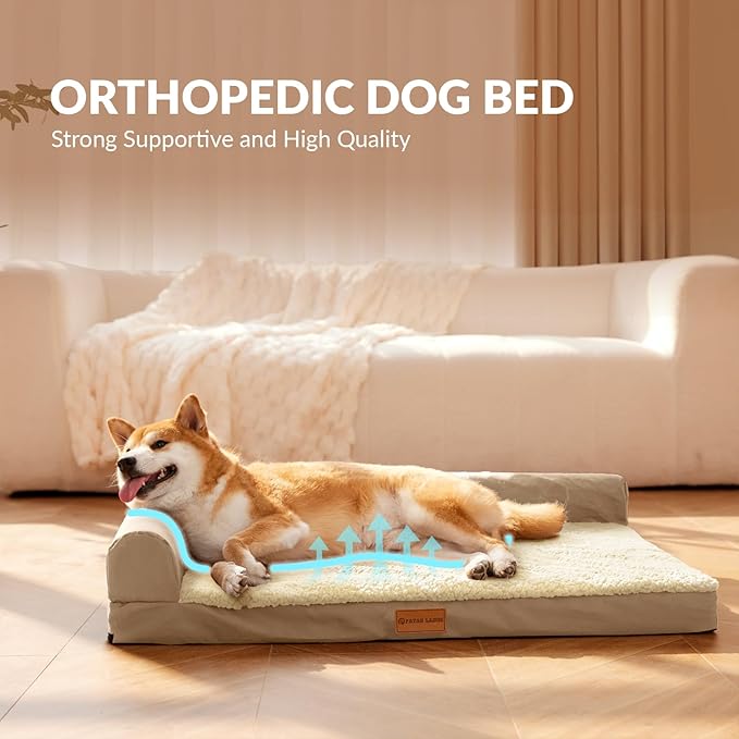 Patas Lague Orthopedic XL Dog Bed Large Sized Dog 48''X30'', Waterproof L Bolster Big Large Pet Sofa Beds with Removable Washable Cover, Soft Comfortable Pet Couch Crate Mat with Nonskid Bottom, Cream
