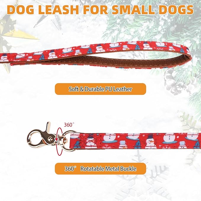 KOOLTAIL Christmas Dog Collar and Leash Set with Bowtie and Bells - Puppy Collar and Leash for Boy Girl with Snowman Matching Pattern, Soft Leather Tangle Free Leashes for Small Dogs,Cats