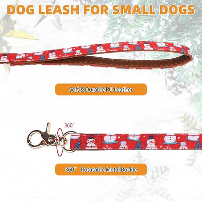 KOOLTAIL Christmas Dog Collar and Leash Set with Bowtie and Bells - Puppy Collar and Leash for Boy Girl with Snowman Matching Pattern, Soft Leather Tangle Free Leashes for Small Dogs,Cats