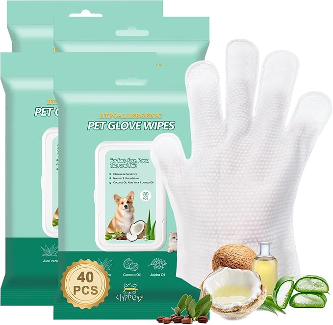 CHPPEY 40 PCS Pet Cleaning and Deodorizing Bathing Grooming Glove Wipes for Dogs and Cats, Extra Thick Nourish Fur No-Rinse Grooming Wipes for Daily Care and Travel, Hypoallergenic