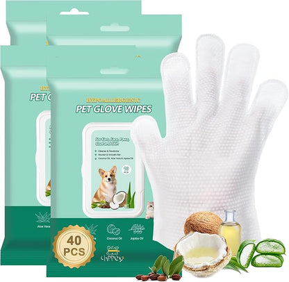 CHPPEY 40 PCS Pet Cleaning and Deodorizing Bathing Grooming Glove Wipes for Dogs and Cats, Extra Thick Nourish Fur No-Rinse Grooming Wipes for Daily Care and Travel, Hypoallergenic