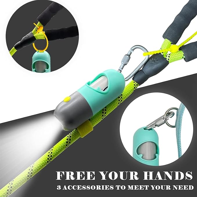 Dog Poop Bag Holder Dispenser with LED Flashlight - Night Visibility for Safe Evening Walks | Upgraded Hands-Free Leash Clip | Includes 15 Dog Waste Bags(Green)
