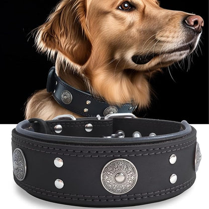 Leather Dog Collar, 2 inches Wide Heavy Duty Genuine Leather Collars, Handmade, Soft, and Luxury, Eye-catching Best Choice for Large and Medium Breed Dogs, Black 15-19 ins