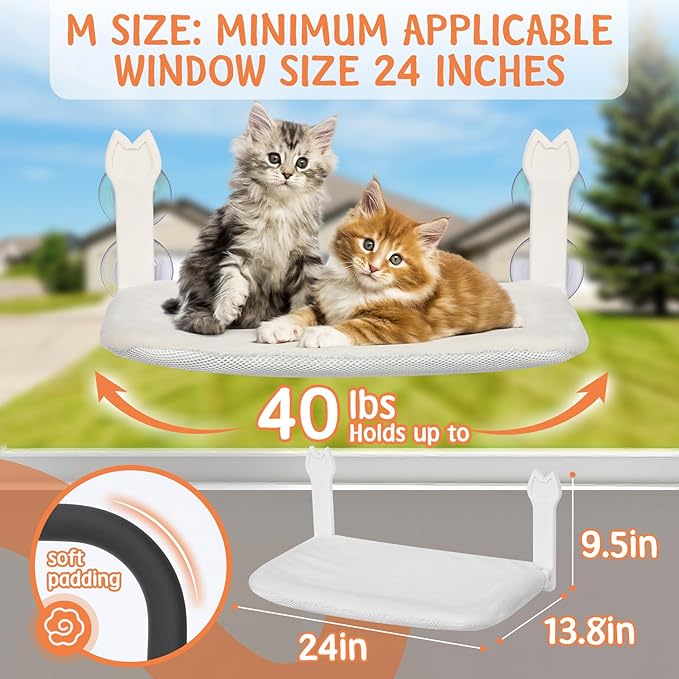 2 Pack Cat Window Perch,Cat Window Hammock Cordless Foldable Window Bed with 4 Large Strong Suction Cup,Reversible Cushion Cover,Metal Frame Easy to Adjust Window Seat Holds up to 40lbs(White，M
