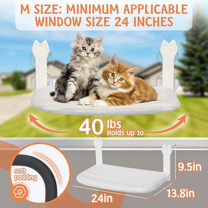 2 Pack Cat Window Perch,Cat Window Hammock Cordless Foldable Window Bed with 4 Large Strong Suction Cup,Reversible Cushion Cover,Metal Frame Easy to Adjust Window Seat Holds up to 40lbs(White，M