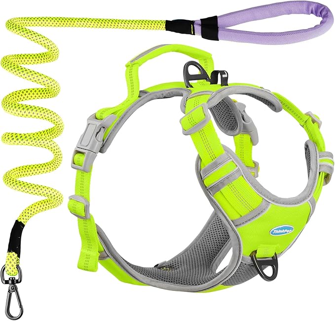 ThinkPet No Pull Harness Set Breathable Sport Harness with Handle - Reflective Padded Dog Safety Vest with Reflective Neon Dog Leash L Harness Leash Pack Green