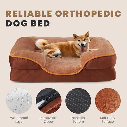DUMOS 42x32 Inch Orthopedic Dog Beds for XL Large Sized Dogs, Machine Washable Cover Pet Bed, Anti-Slip Waterproof Memory Foam Couch Bed for Indoor Dogs and Cats, Brown