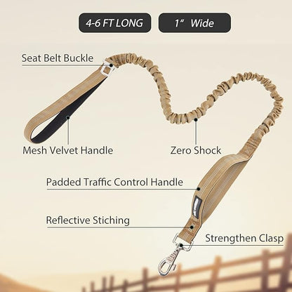 BUMBIN 6Ft Dog Leash Large Dogs, Bungee Dog Leash with 2 Handles, Heavy Duty Leashes for Medium Small Dogs, No Pull Shock Absorbing ，with Car Seat Belt for Training, Brown