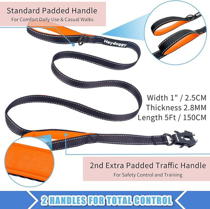 Strong Heavy Duty Dog Leash - 5ft Reflective Nylon Training Leash with Soft Padded Double Handle & Auto Lock Frog Clip - Safety Traffic Control for Large Medium Small Dog No Pull Walk Black Orange,5ft