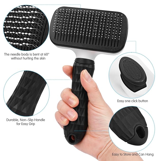 PWOD Dog & Cat Brush, Black Self Cleaning Slicker Brush for Pets, Upgraded Dog Brush for Shedding Massaging and Grooming, Removes Loose Undercoat & Portable Comb for Long Short Haired Dogs