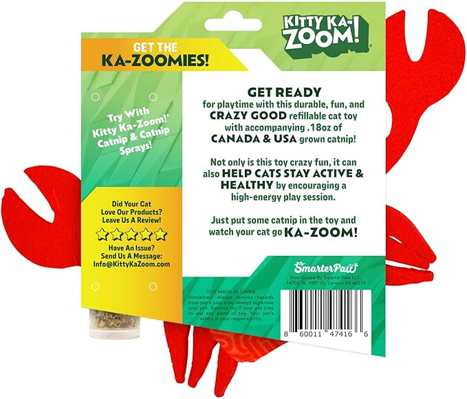 KITTY KA-ZOOM ZOOMIE Crab - Refillable Catnip Toy + Catnip | High Potency Hand Harvested Fresh | Soft Plush for Engaging Play