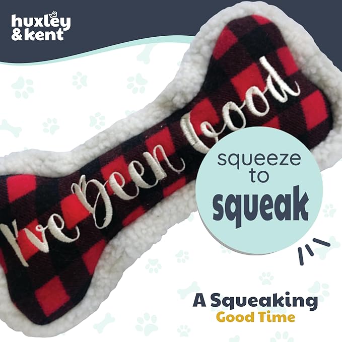 Huxley & Kent Funny Dog Toy w/Squeaker – Holiday Power Plush Squeaky Dog Toys for Small, Medium & Large Dogs – Soft Stuffed Animal for Indoor Play & Fetch - I've Been Good Bone, Large